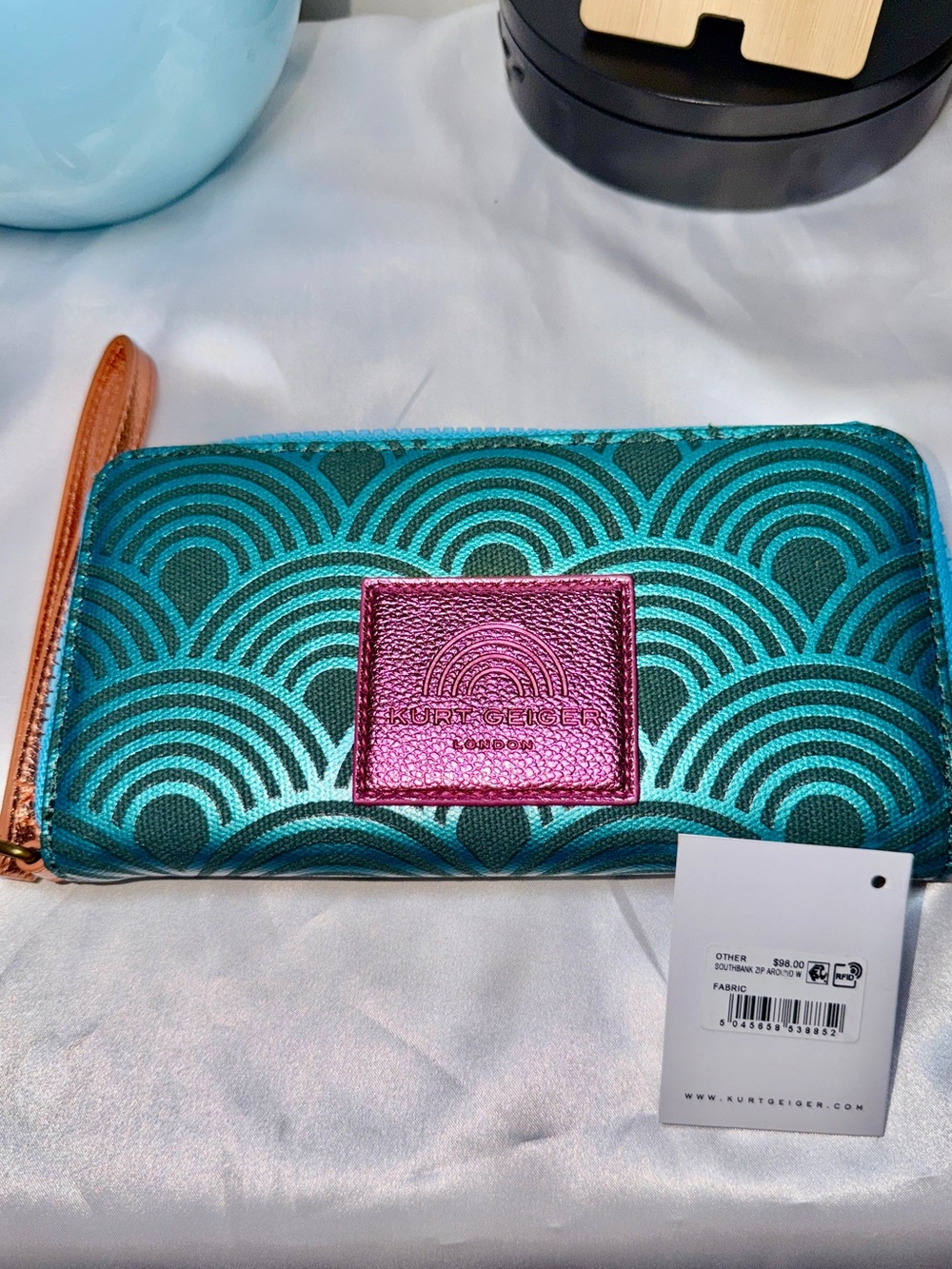 Kurt Geiger Teal Wave Zip Wallet with Pink Metallic Logo Strap  NWT